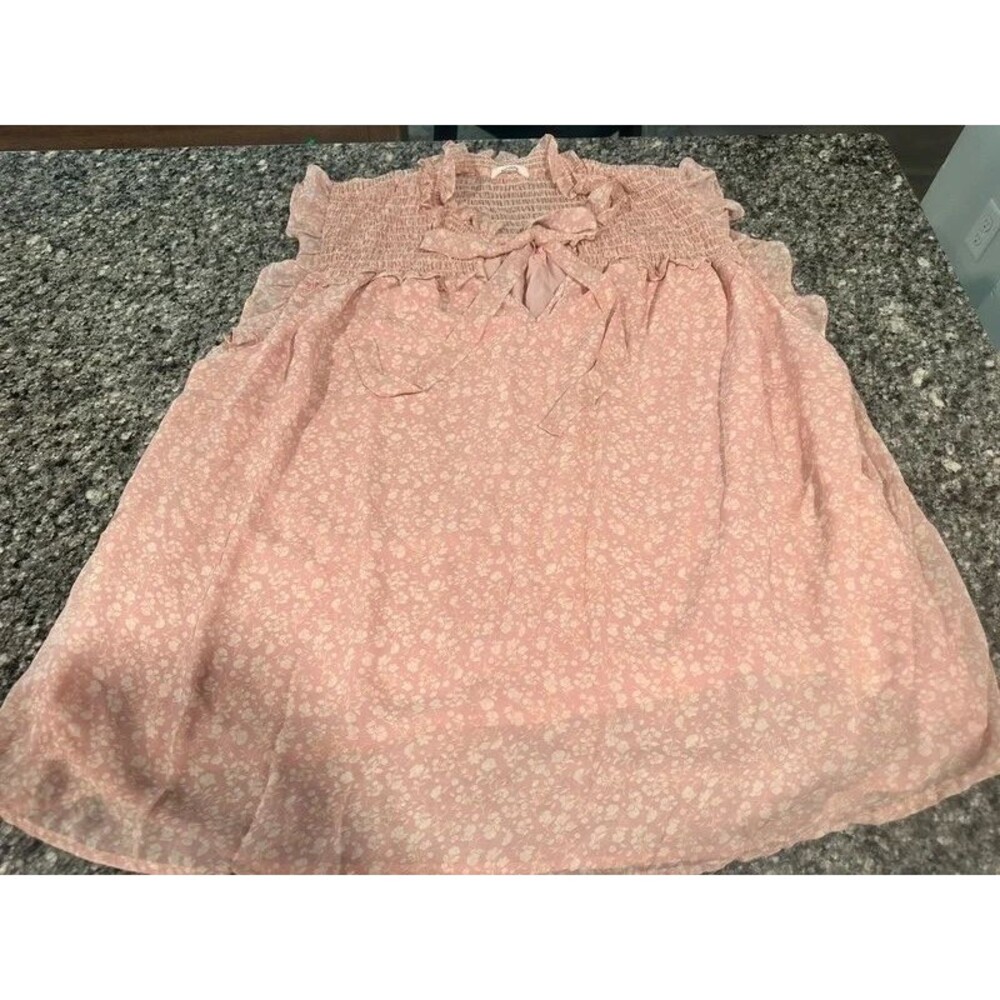Pleione Size 3X Blush Pink Floral Chiffon Smocked Ruffle Tie Neck Blouse